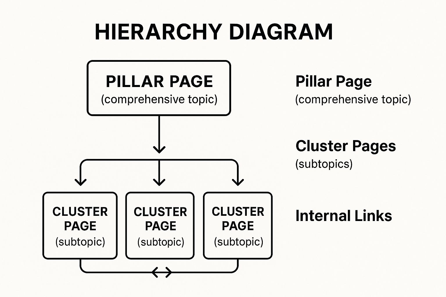 Infographic showing a hierarchy diagram of a Pillar Page branching down to three Cluster Content nodes, with arrows indicating internal links.