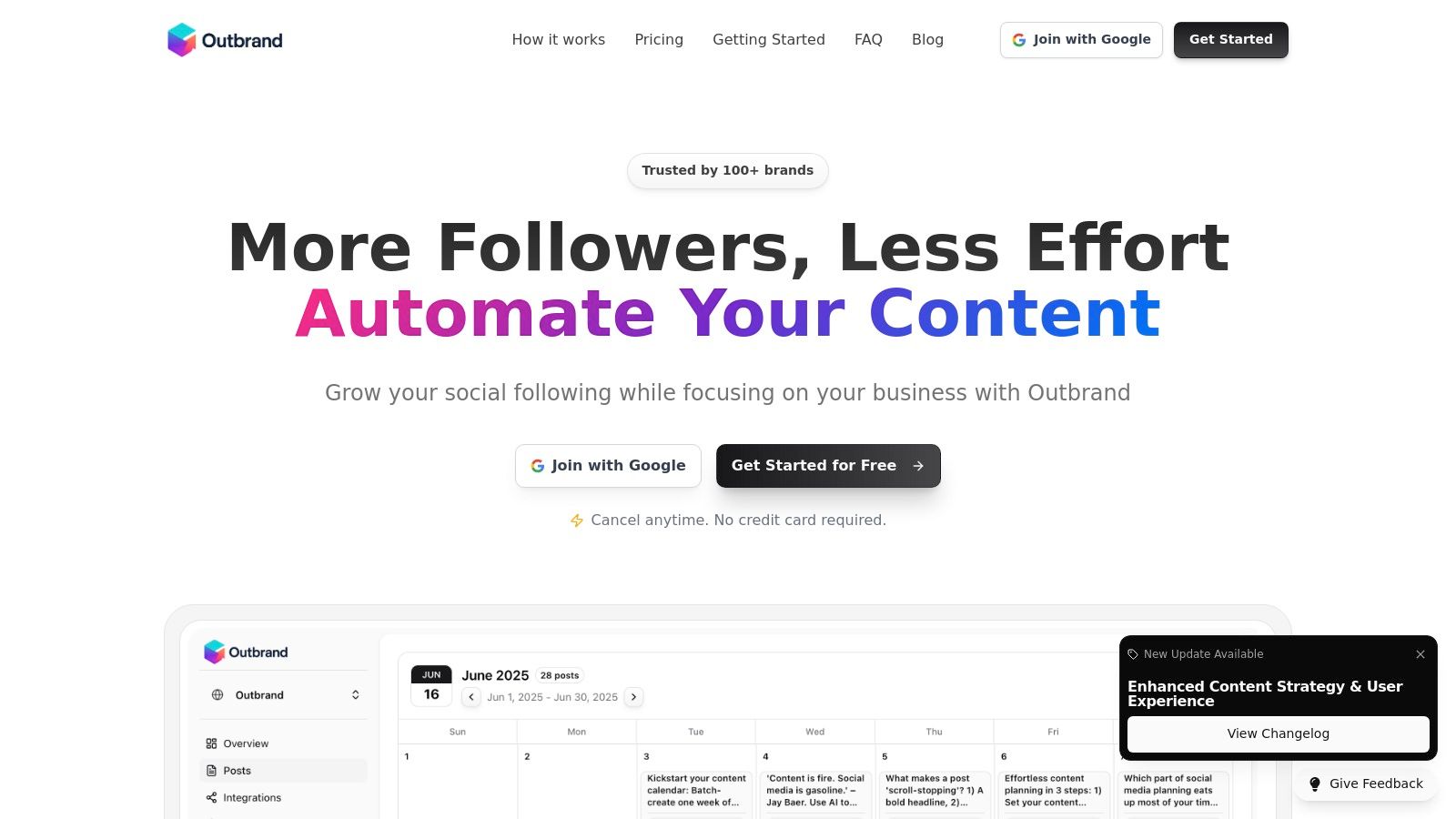 OutBrand dashboard showing a social media content calendar with various post types.