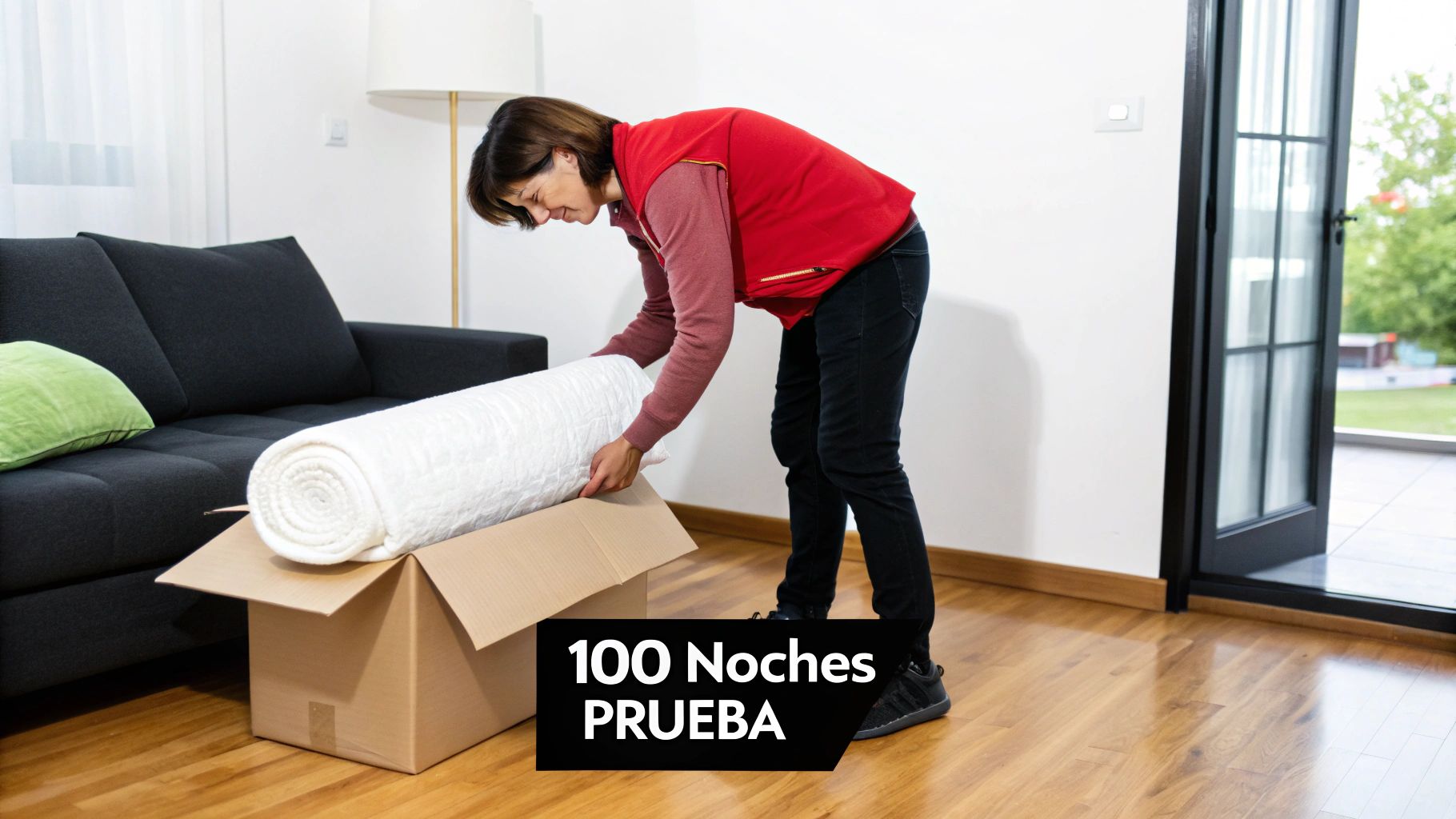 Una mujer saca un colchón enrollado de una caja de cartón en su sala de estar.