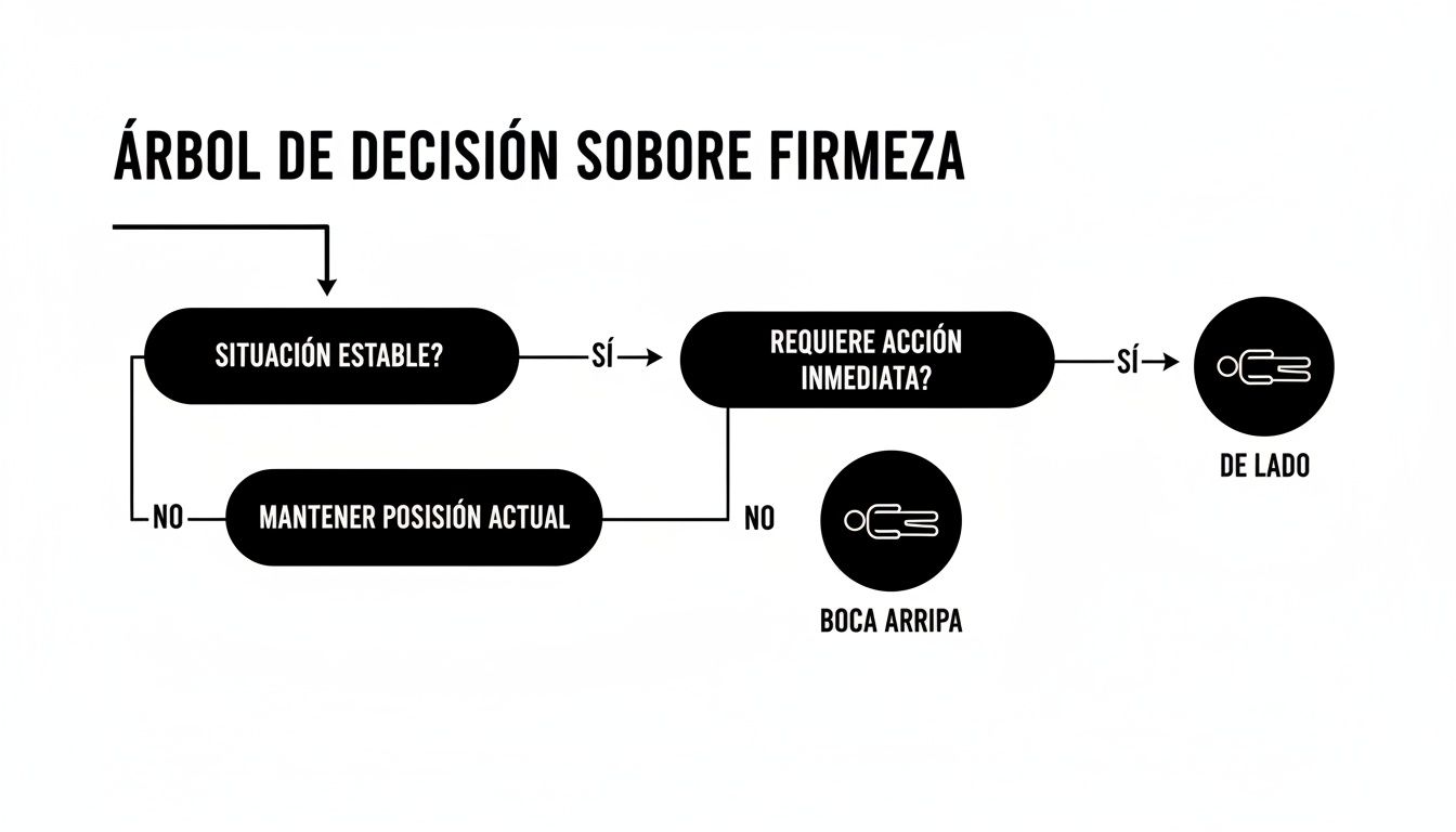 Diagrama de flujo que muestra un árbol de decisión sobre firmeza y posiciones para dormir.