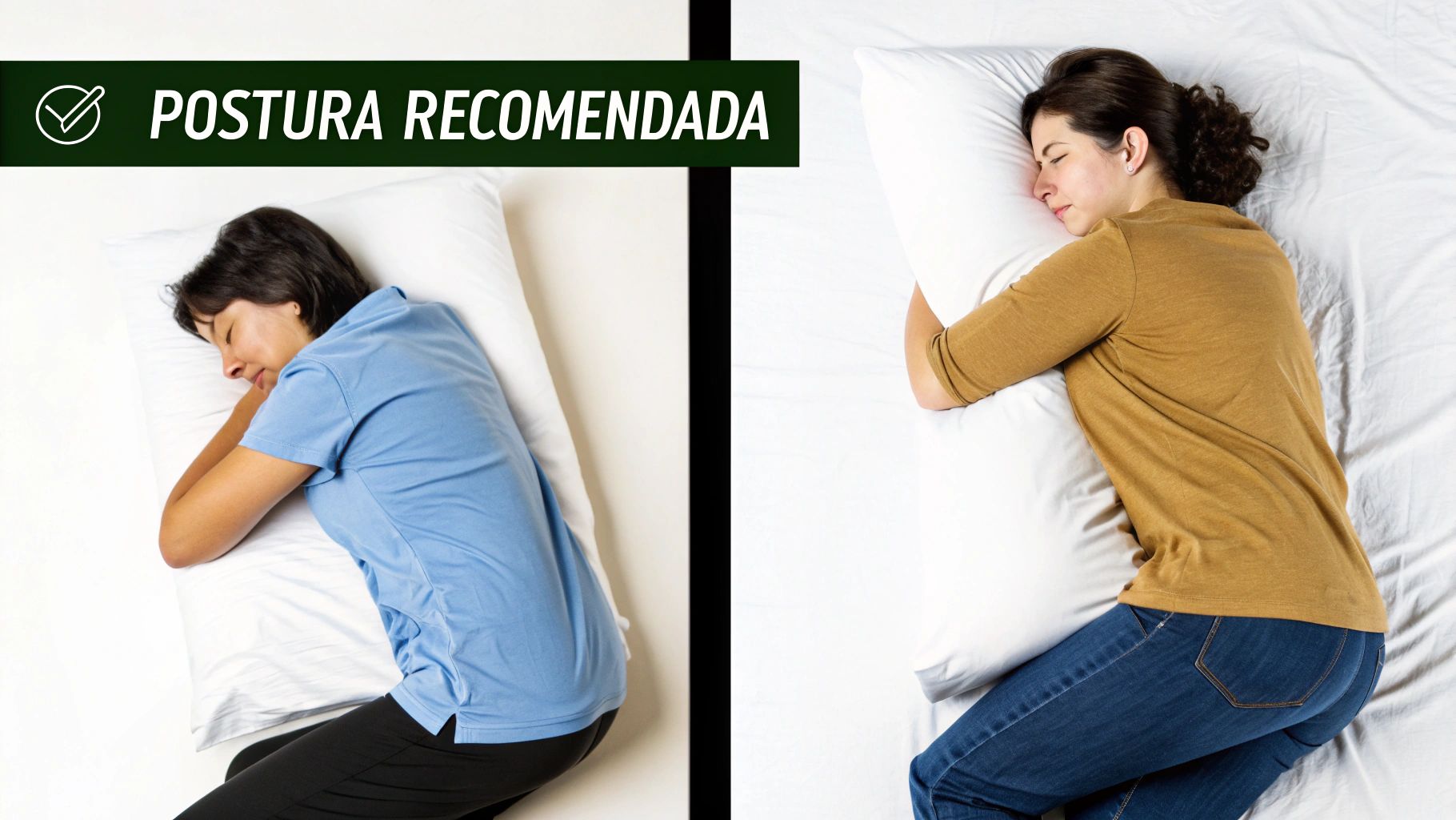 Mujeres durmiendo de lado con almohadas entre las piernas, ilustrando la postura recomendada para un descanso saludable.