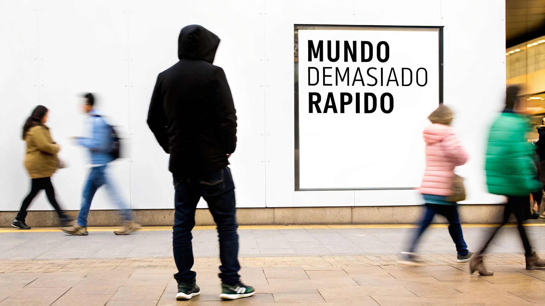 Persona con sudadera negra observa un cartel con el texto "MUNDO DEMASIADO RÁPIDO", rodeado de gente moviéndose rápidamente.