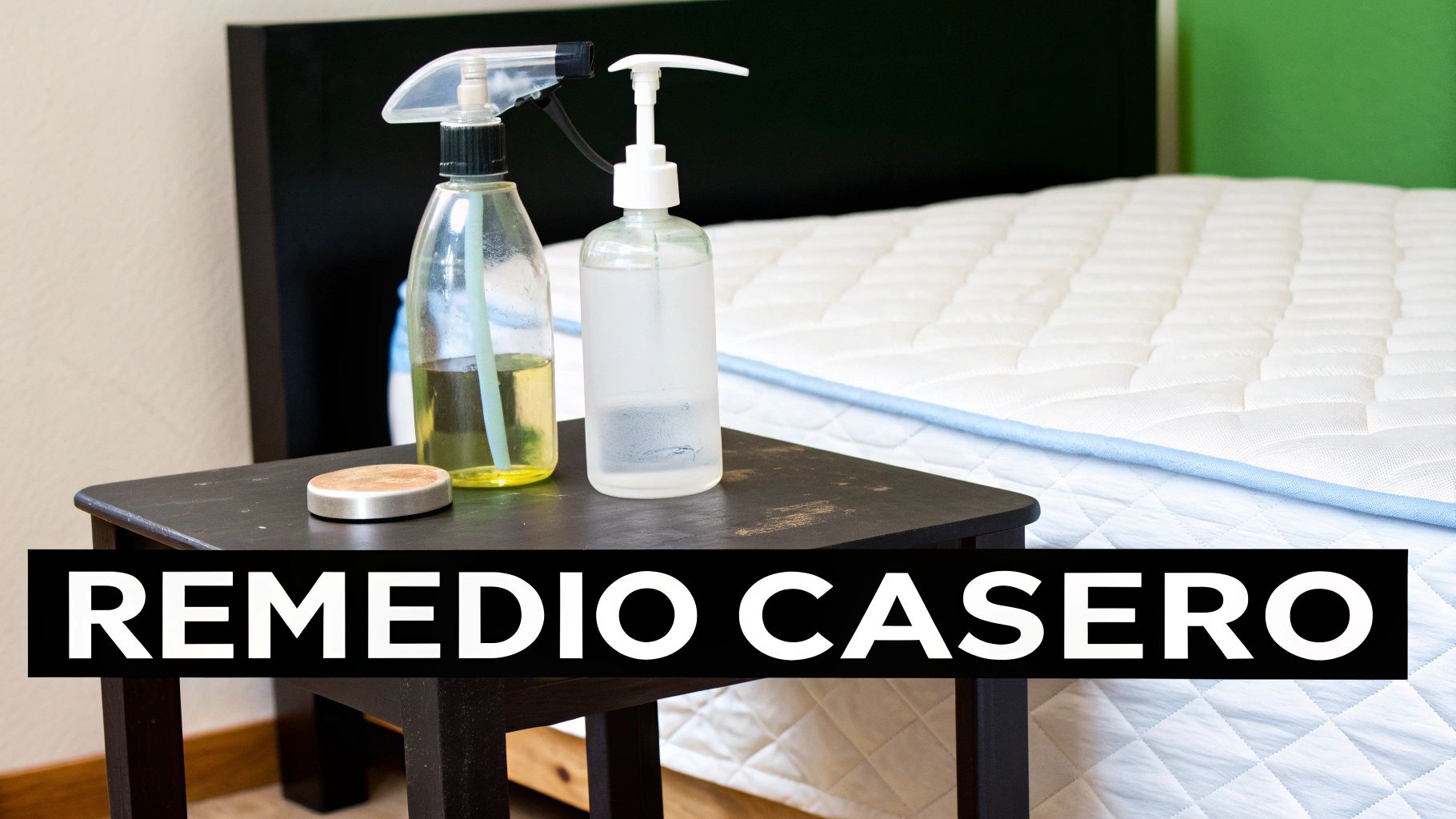 Botellas con productos de limpieza caseros sobre una mesita de noche junto a un colchón blanco, con el texto 'REMEDIO CASERO'.