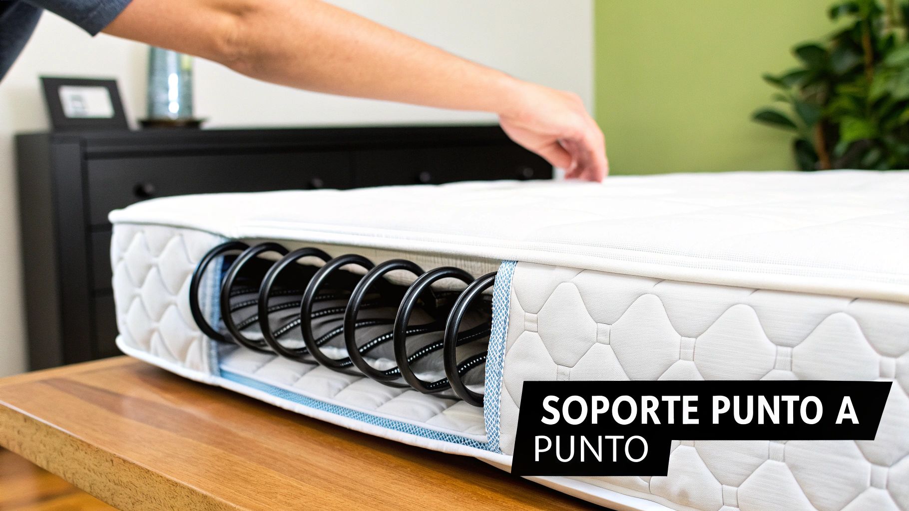 Sección de colchón con muelles ensacados negros, mostrando soporte punto a punto, con una mano.