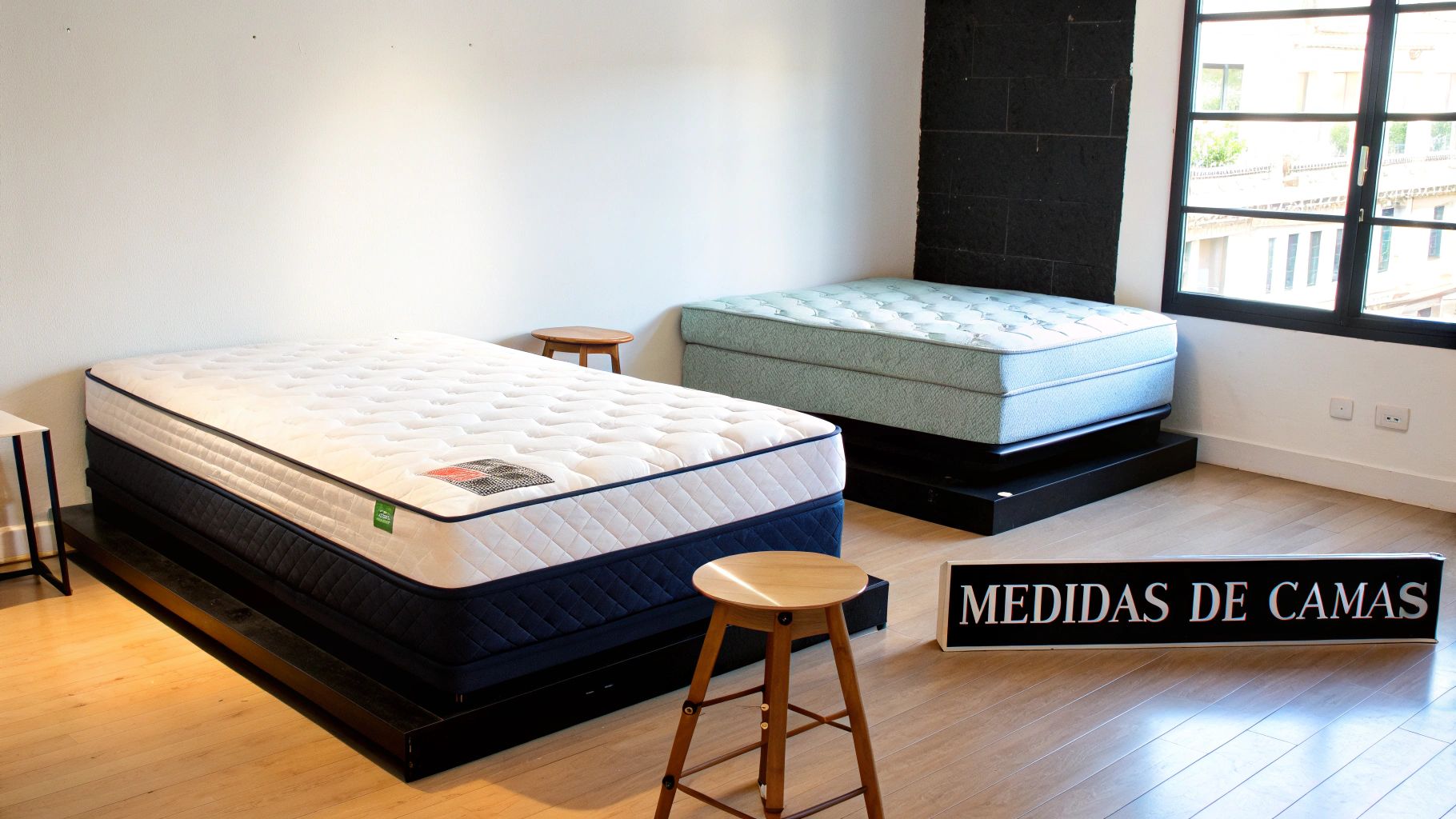 Dos colchones en exposición sobre bases negras con taburetes de madera y cartel informativo.