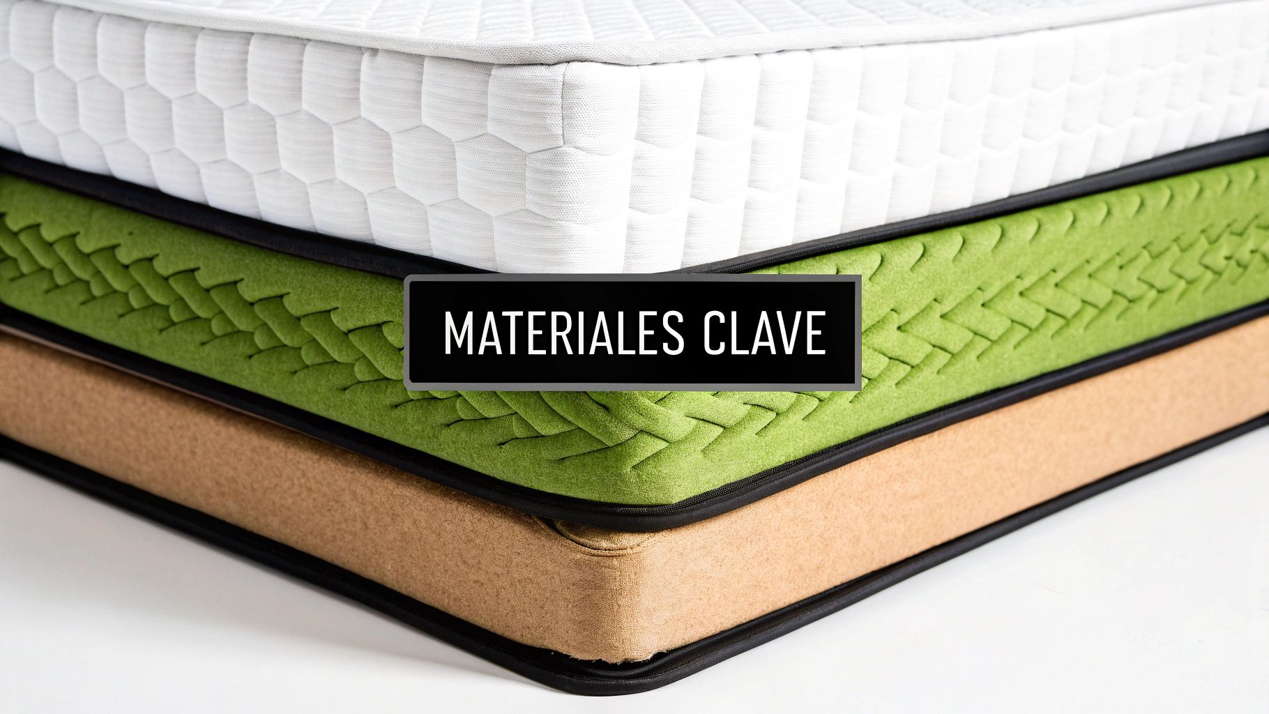 Detalle de tres capas de colchón apiladas: blanco con patrón, verde texturizado y beige. Banner 'MATERIALES CLAVE'.