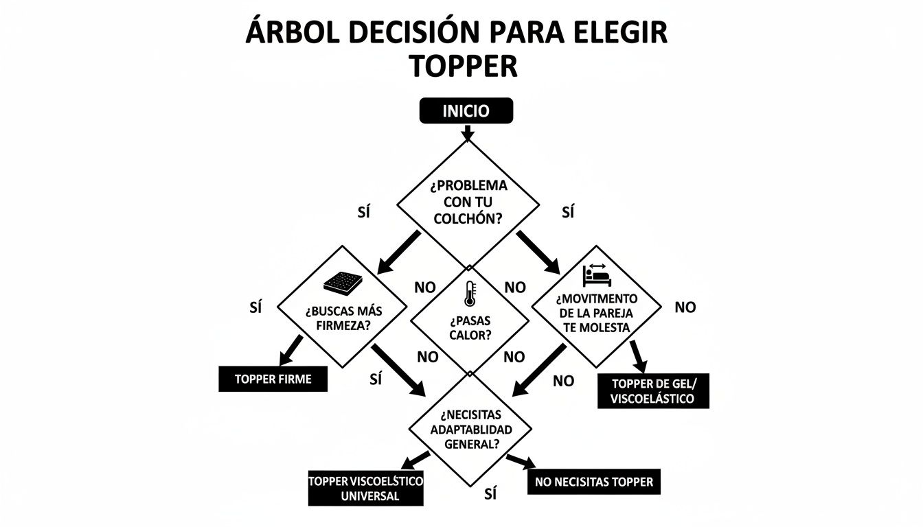 Diagrama de flujo para elegir un topper de colchón ideal basado en necesidades de firmeza, calor o adaptabilidad.