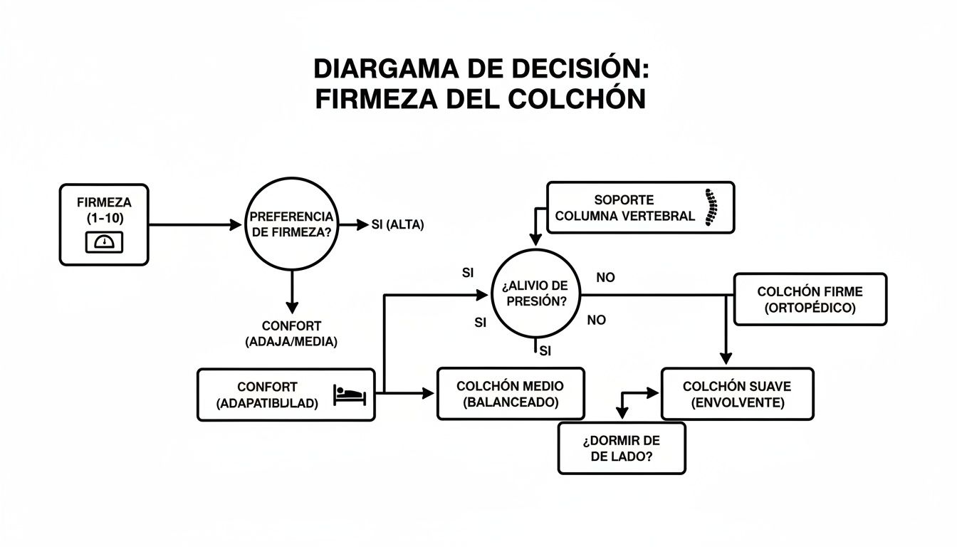 Diagrama de decisión para elegir la firmeza del colchón ideal según preferencias, soporte y alivio de presión.