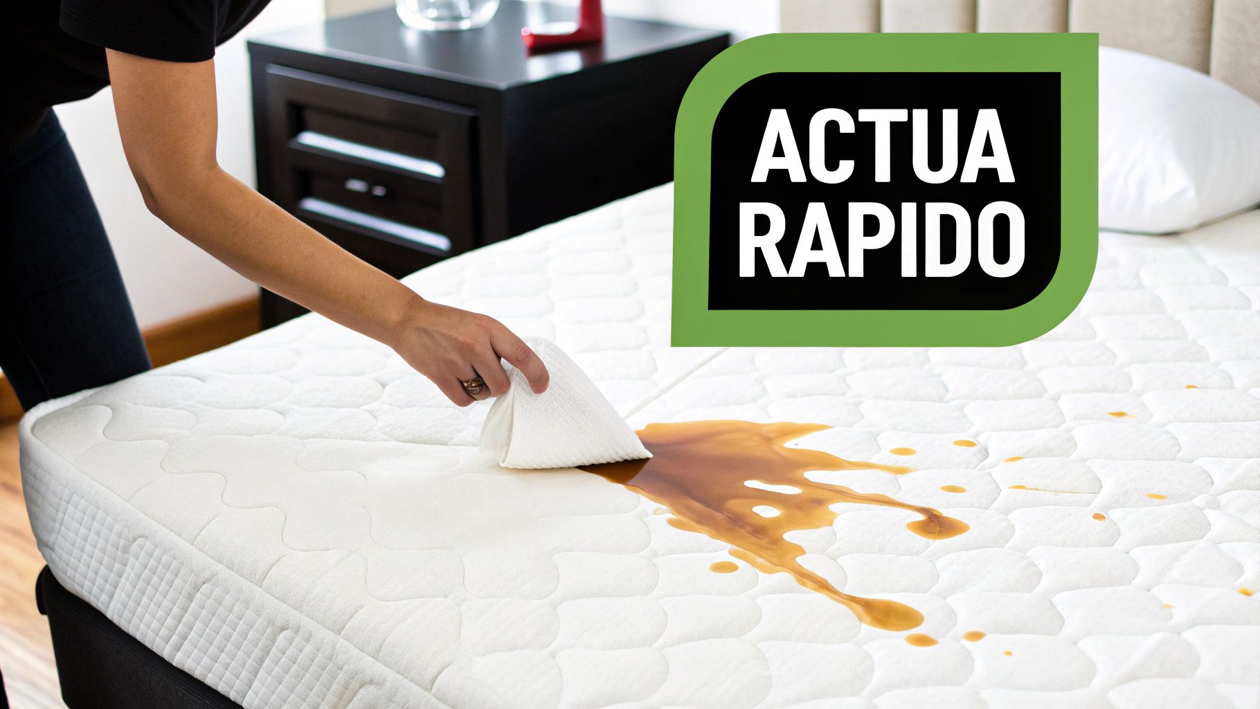 Persona limpiando rápidamente una mancha de líquido en un colchón blanco con un paño, destacando la necesidad de actuar rápido.