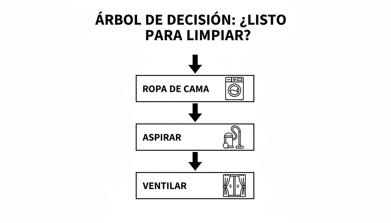 Diagrama de flujo mostrando pasos de limpieza: lavar ropa de cama, aspirar y ventilar una habitación.