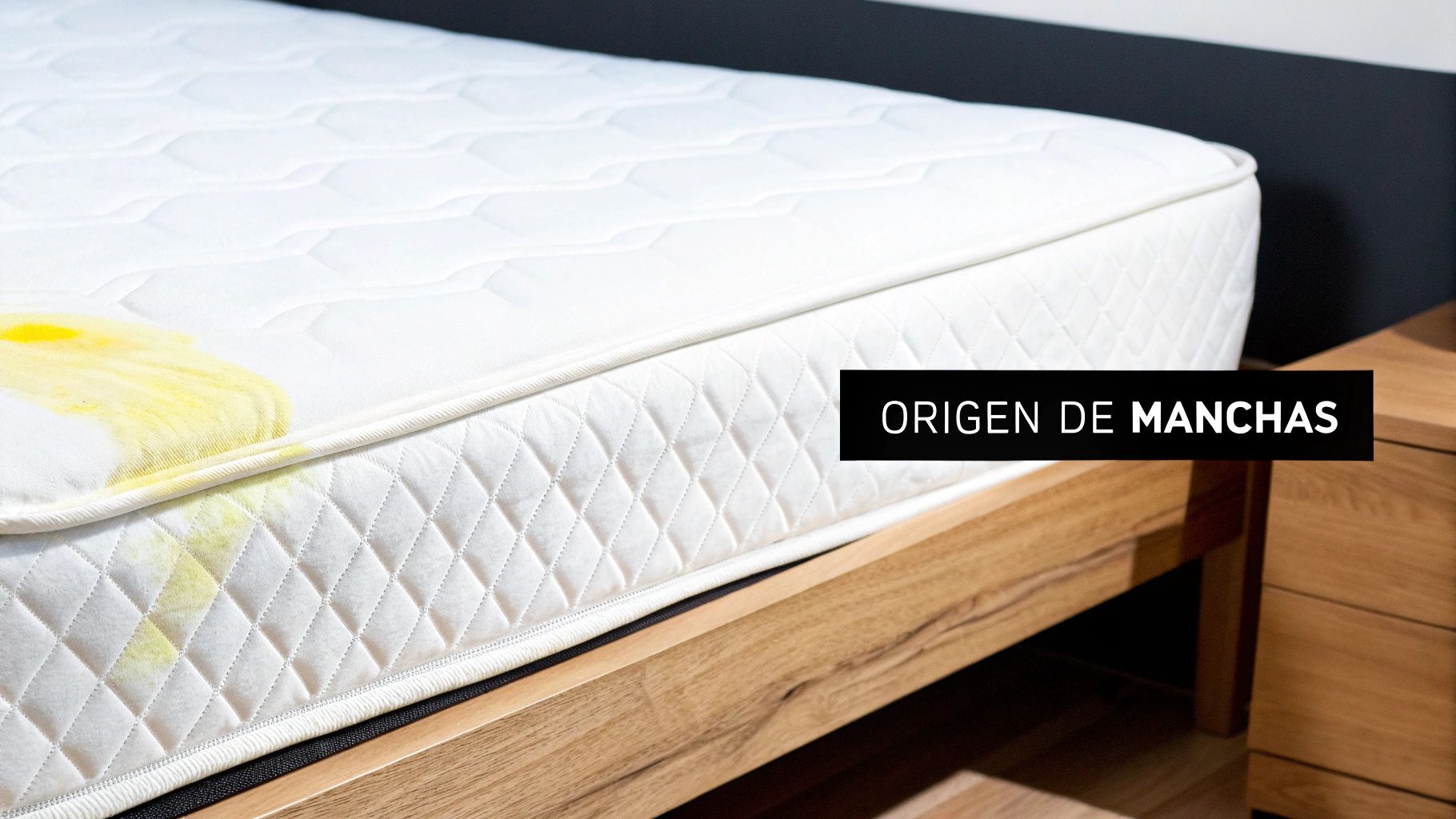 Colchón blanco con grandes manchas amarillas, posiblemente de orina, y el texto "ORIGEN DE MANCHAS".