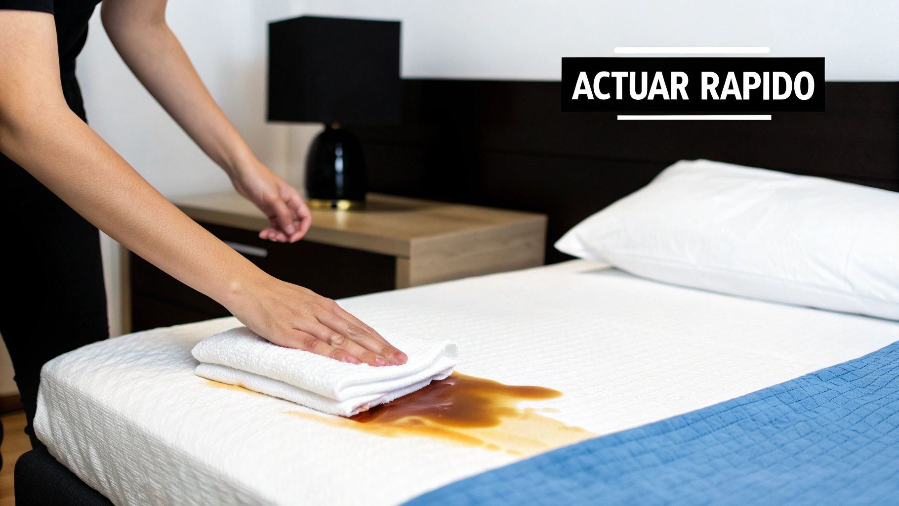 Persona limpiando rápidamente un derrame de líquido en un colchón blanco con una toalla.