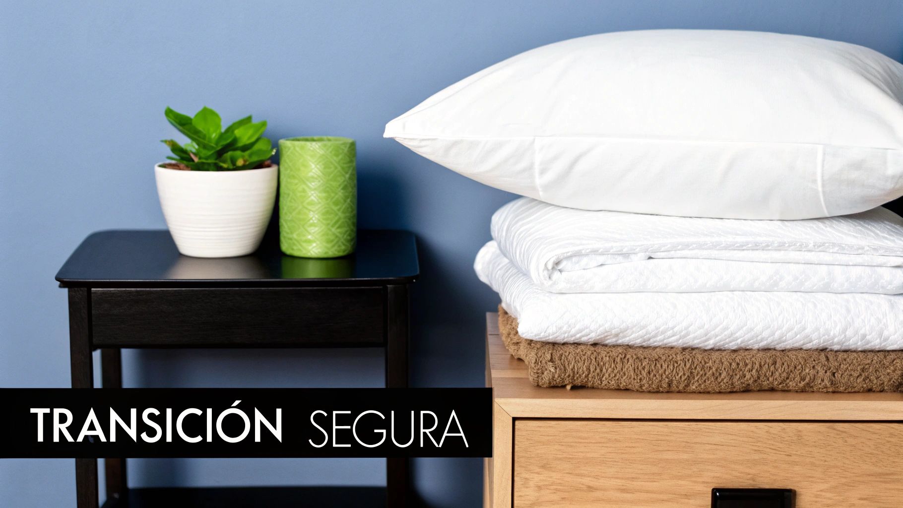 Mesa de noche con planta y vela, al lado ropa de cama blanca y toalla apiladas sobre una cómoda de madera.