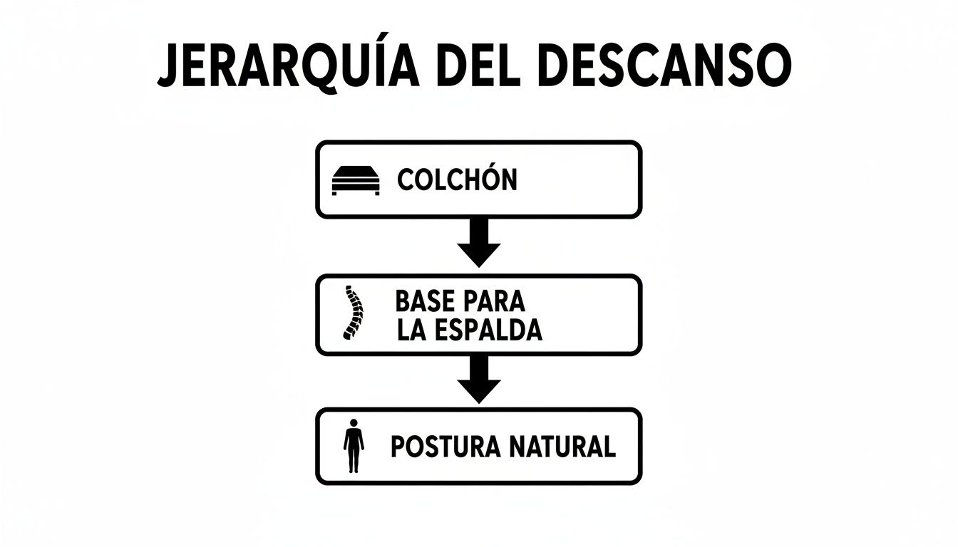 Un diagrama de jerarquía del descanso mostrando la importancia del colchón, base para la espalda y postura natural.