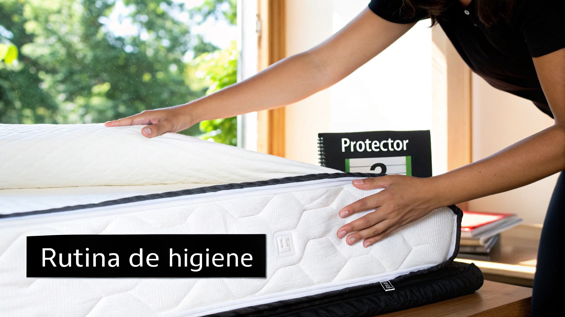 Una persona colocando un protector de colchón blanco sobre un colchón, con texto "Rutina de higiene".