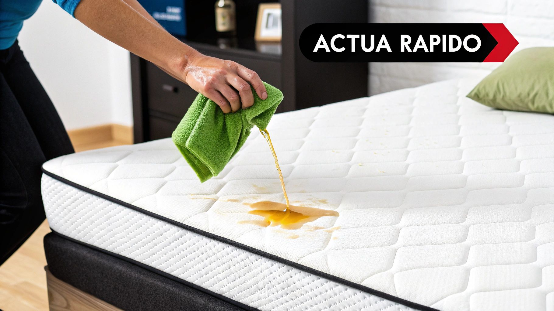 Persona limpiando rápidamente una mancha de líquido derramado en un colchón blanco con un paño verde.