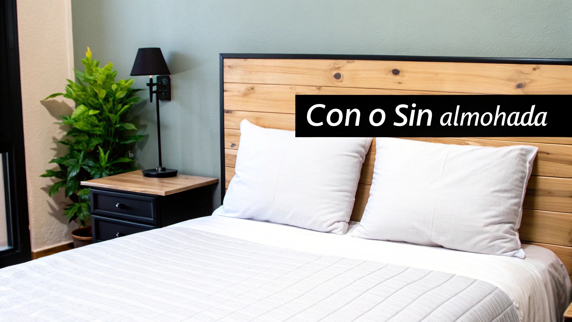 Dormitorio moderno con cama, almohadas blancas, cabecero de madera y una mesita de noche. El texto dice 'Con o Sin almohada'.
