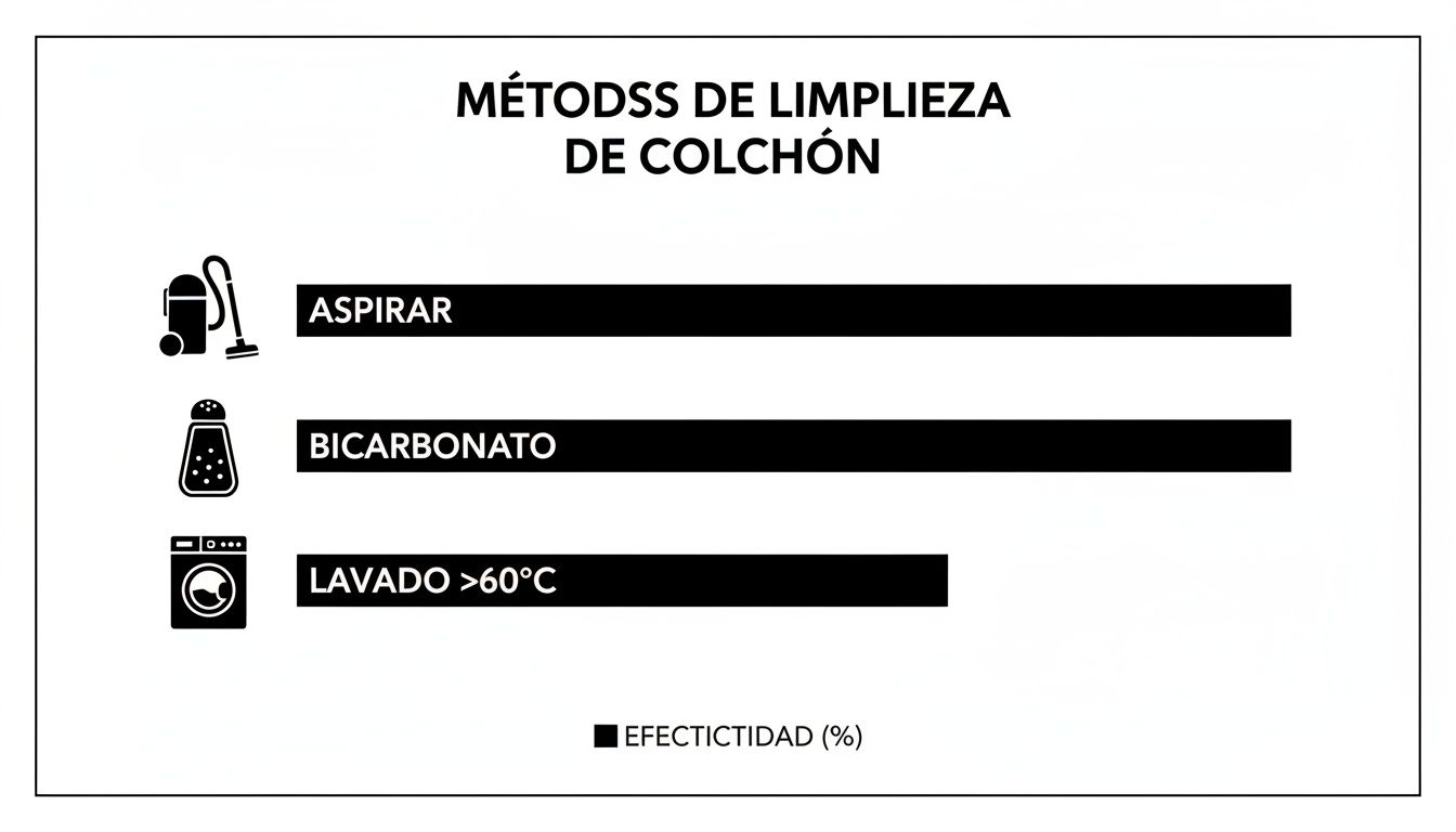 Gráfico de barras comparando la efectividad de métodos para limpiar colchones: aspirar, bicarbonato y lavado a más de 60°C.