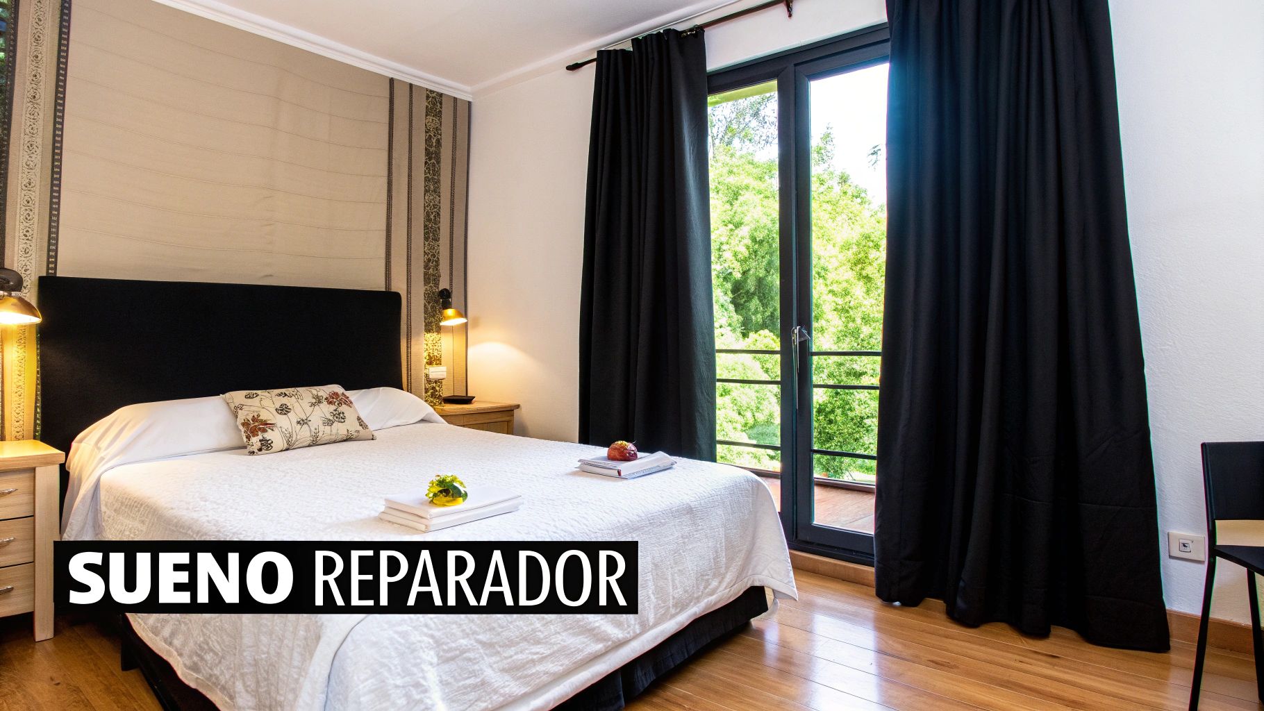 Acogedora habitación con cama doble, mesitas de noche, lámparas y vistas a la naturaleza, invitando a un sueño reparador.