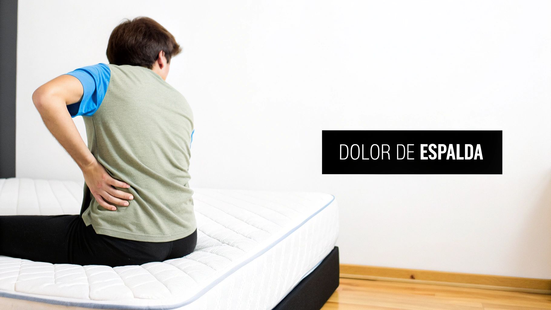 Joven con dolor de espalda sentado en un colchón, tocándose la zona lumbar con la mano.