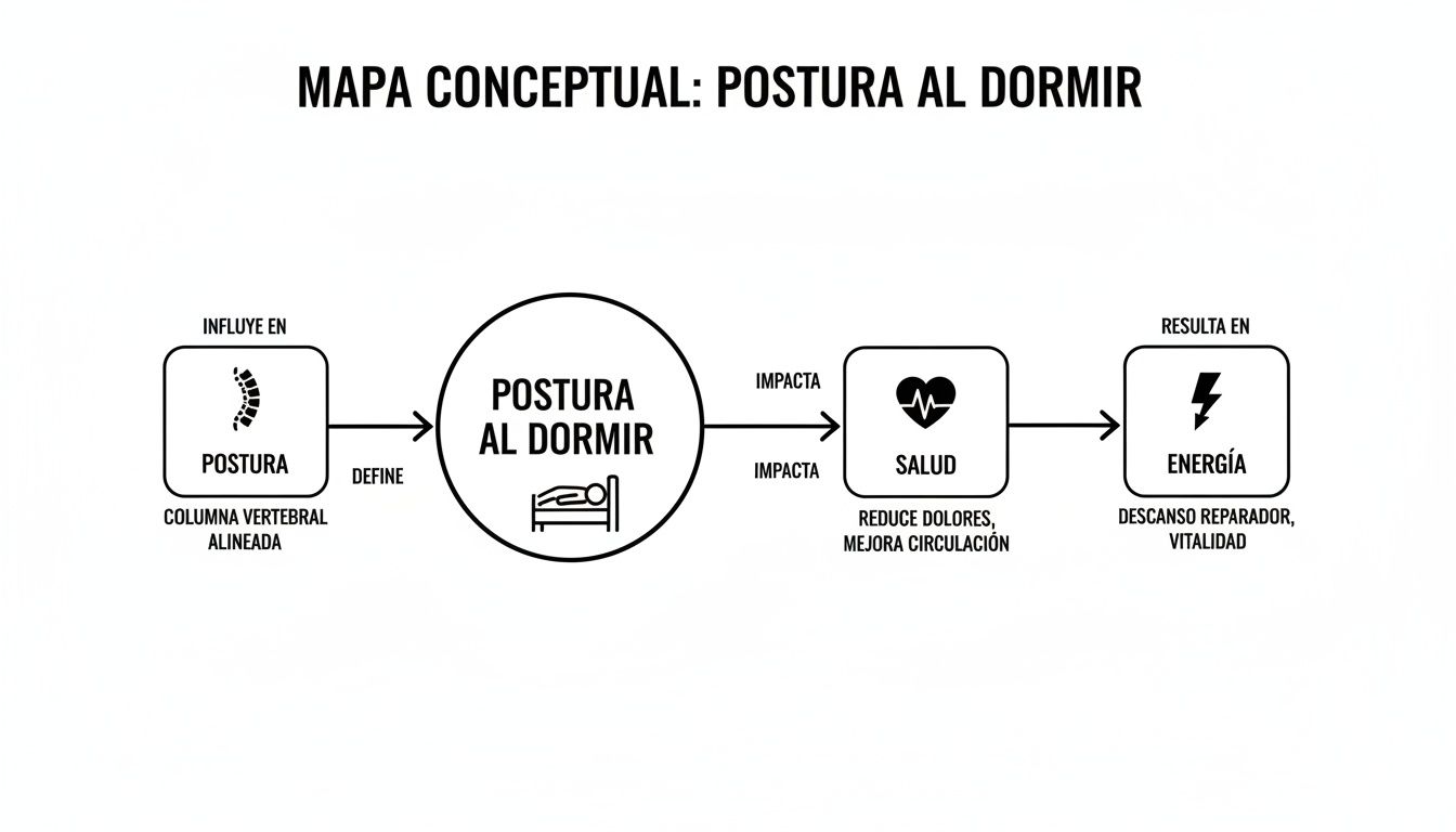 Mapa conceptual que explica cómo la postura al dormir influye en la salud y la energía.