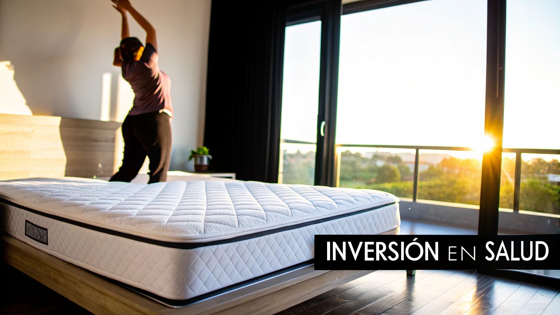 Mujer estirándose en un dormitorio luminoso con un colchón blanco y el sol entrando por la ventana, con el texto 'INVERSIÓN EN SALUD'.