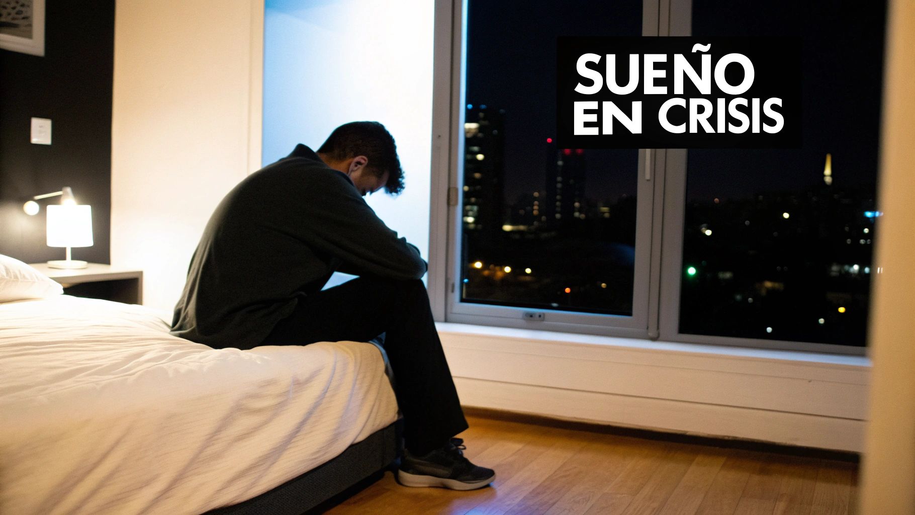 Hombre sentado en la cama, deprimido, mirando por la ventana oscura, con texto 'Sueño en Crisis'.