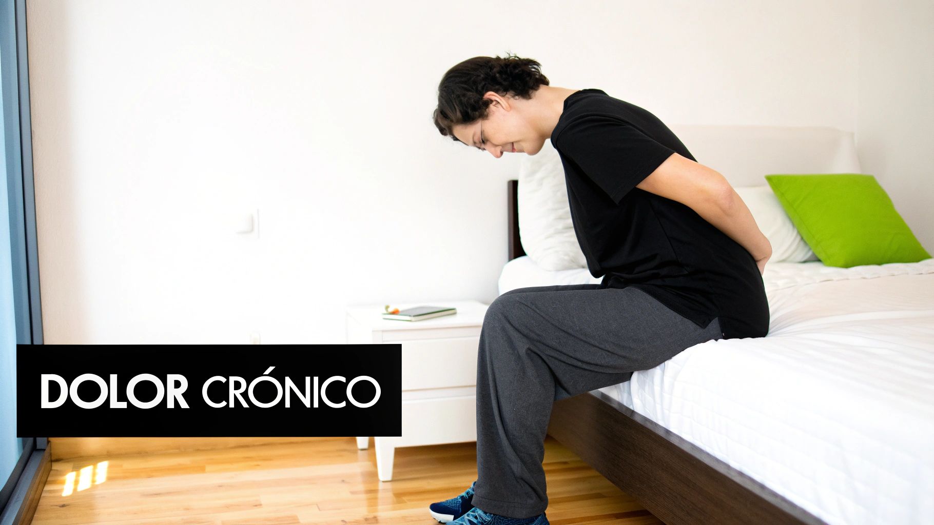 Persona sentada en la cama agarrándose la espalda baja con una expresión de dolor. El texto dice 'DOLOR CRÓNICO'.