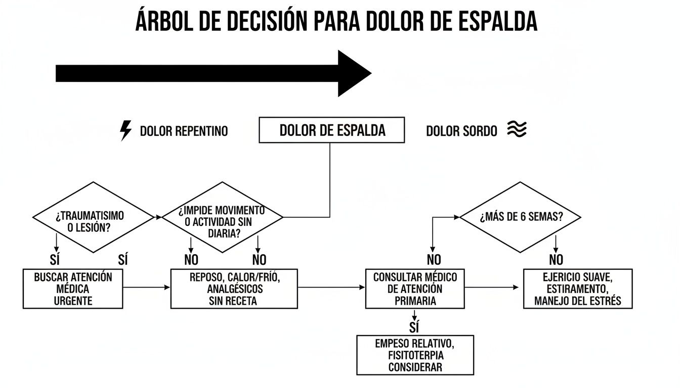 Árbol de decisión para dolor de espalda que guía sobre cómo actuar según el tipo y duración del dolor.