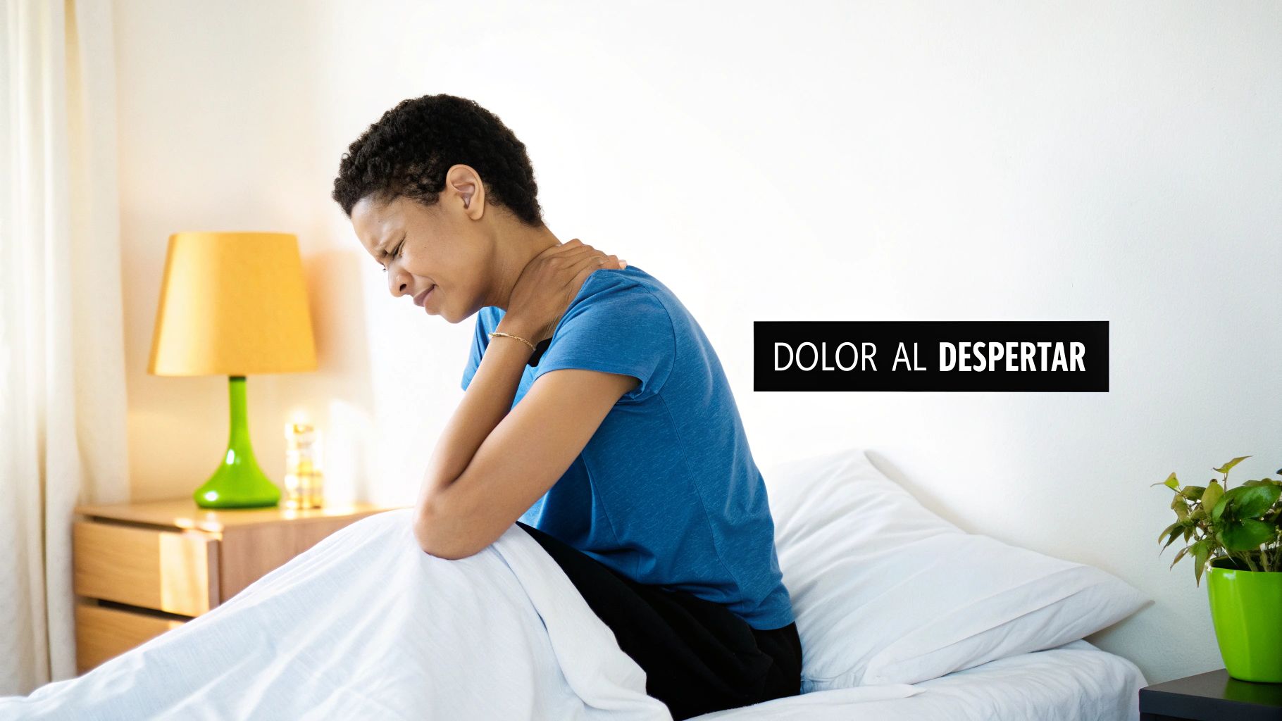 Una mujer en la cama se toca el cuello con gesto de dolor, reflejando molestias al despertar.