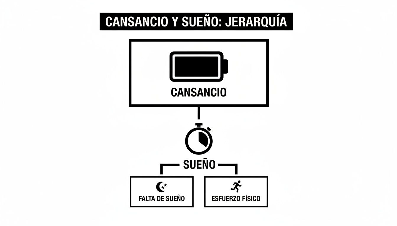 Un diagrama de jerarquía que explica la relación entre cansancio, sueño y sus causas.