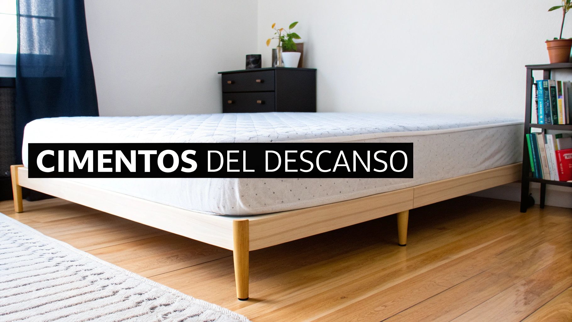 Cama sencilla con somier de madera clara y colchón blanco en una habitación minimalista y luminosa.