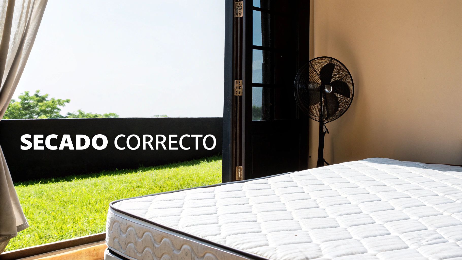 Colchón blanco secándose en una habitación con una puerta abierta al exterior y un ventilador, con el texto 'SECADO CORRECTO'.