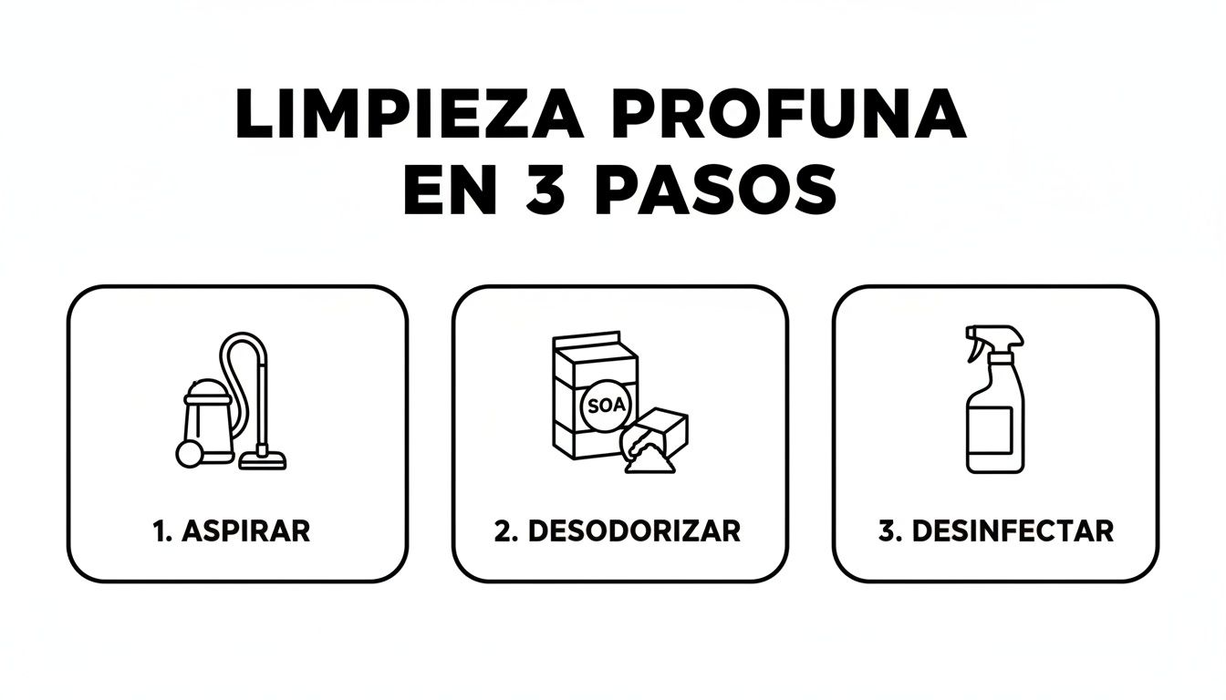 Infografía de limpieza profunda en 3 pasos: aspirar, desodorizar y desinfectar.