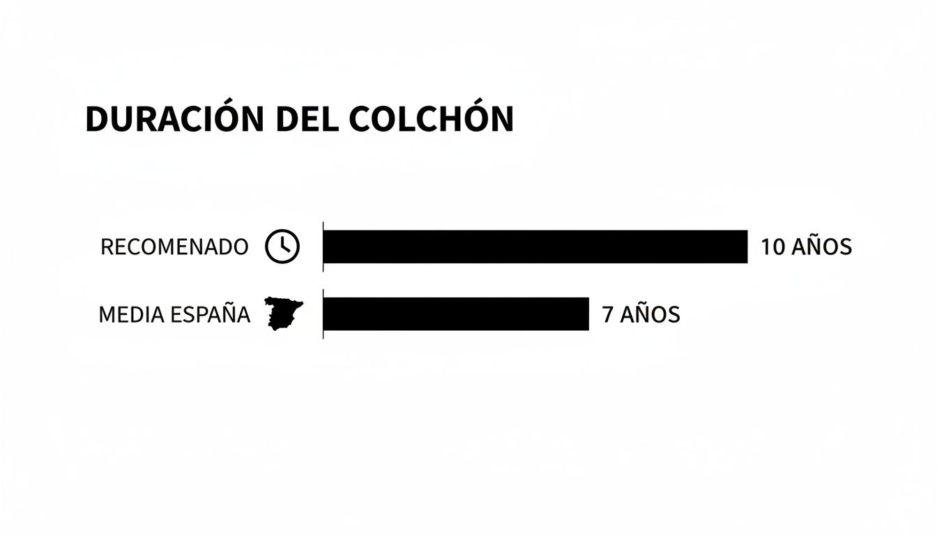Gráfico de barras comparando la duración recomendada del colchón (10 años) con la media en España (7 años).