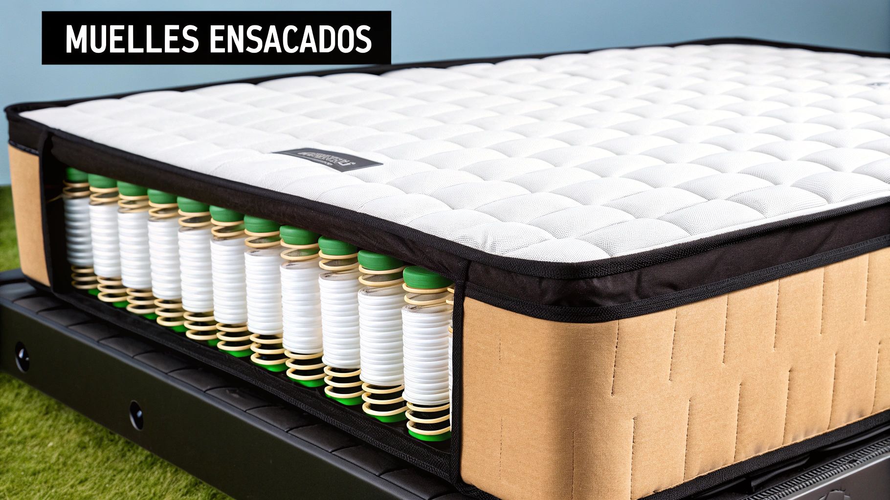 Colchón seccionado mostrando muelles ensacados individualmente para soporte y confort.