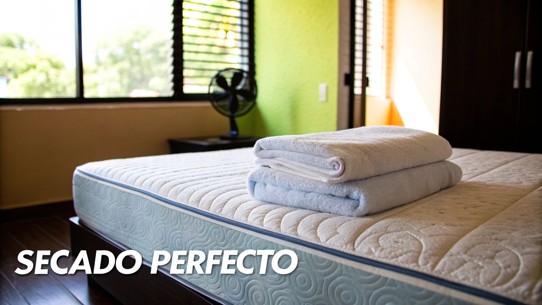 Colchón blanco impecable con dos toallas limpias y dobladas, listo para usar en una habitación.