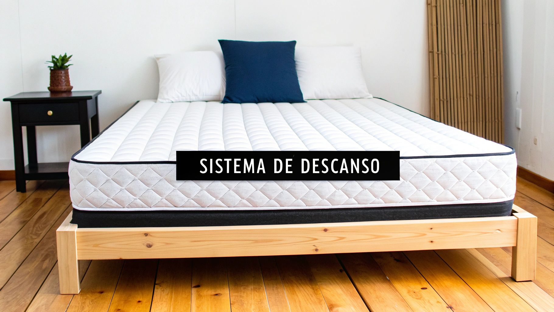 Colchón blanco con base de madera y almohadas, junto a una mesita de noche con una planta. Texto: SISTEMA DE DESCANSO.