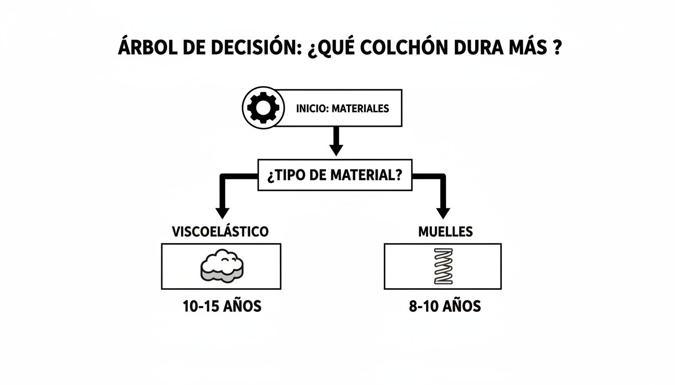 Diagrama de decisión que compara la durabilidad de colchones viscoelásticos y de muelles en años.