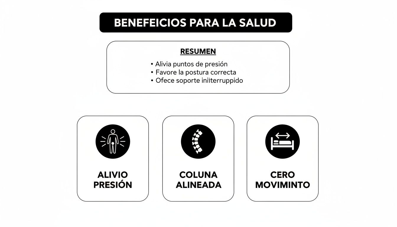 Beneficios para la salud destacando alivio de presión, postura correcta y soporte para columna.
