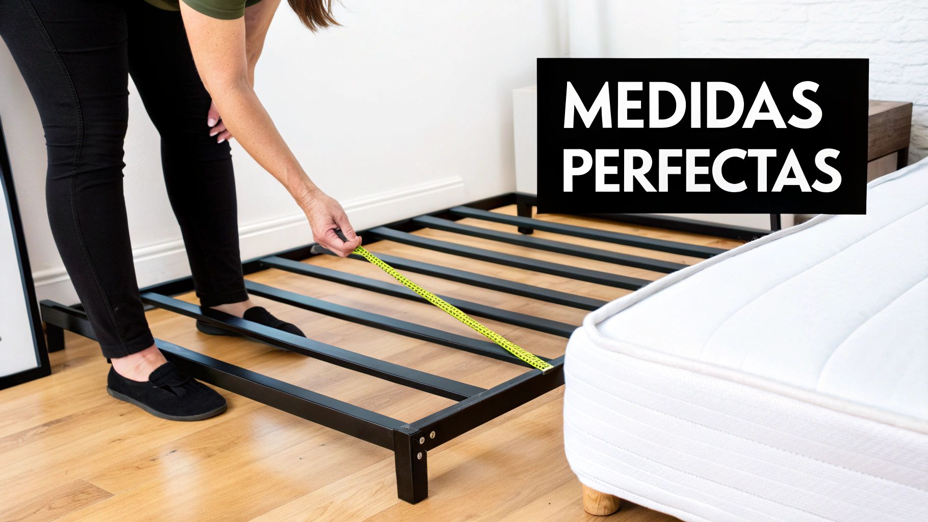 Una persona mide la base de un somier de metal negro con una cinta métrica amarilla, junto a un colchón blanco. Se lee 'Medidas Perfectas'.
