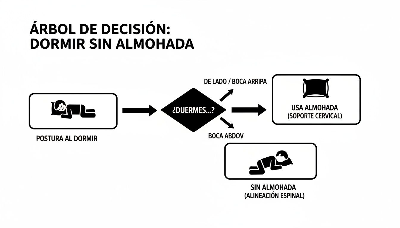 Diagrama de decisión sobre el uso de almohada al dormir, según la postura para soporte cervical y alineación espinal.