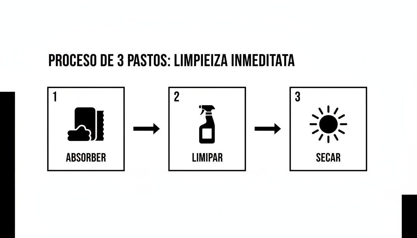 Ilustración de un proceso de limpieza de 3 pasos: absorber, limpiar y secar inmediatamente.