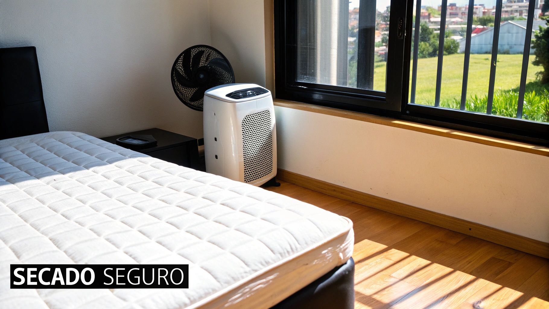 Dormitorio con cama, colchón blanco, ventilador y purificador de aire. Ideal para secado seguro y limpieza de colchones.