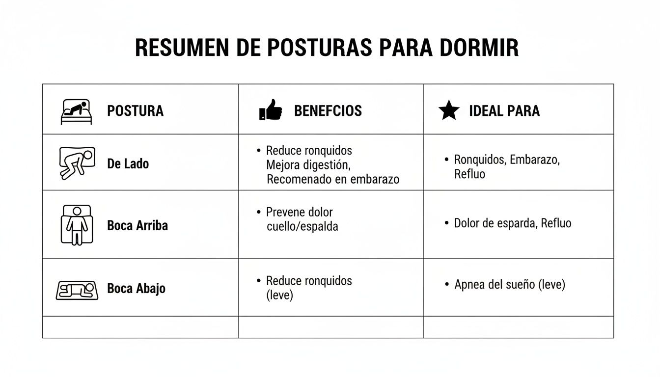 Tabla resumen de posturas para dormir: de lado, boca arriba y boca abajo, sus beneficios e ideal para.