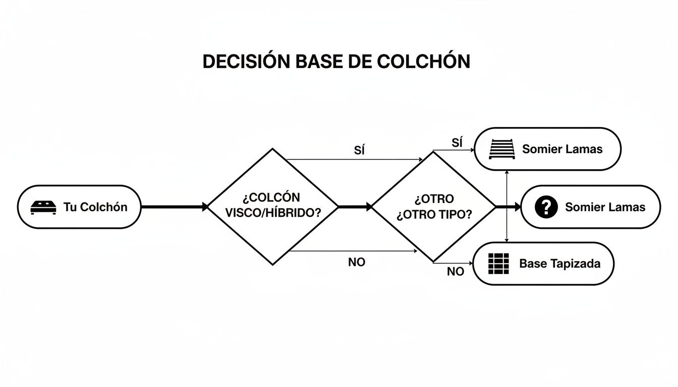 Diagrama de flujo para decidir la base de colchón ideal, mostrando somier de lamas y base tapizada.