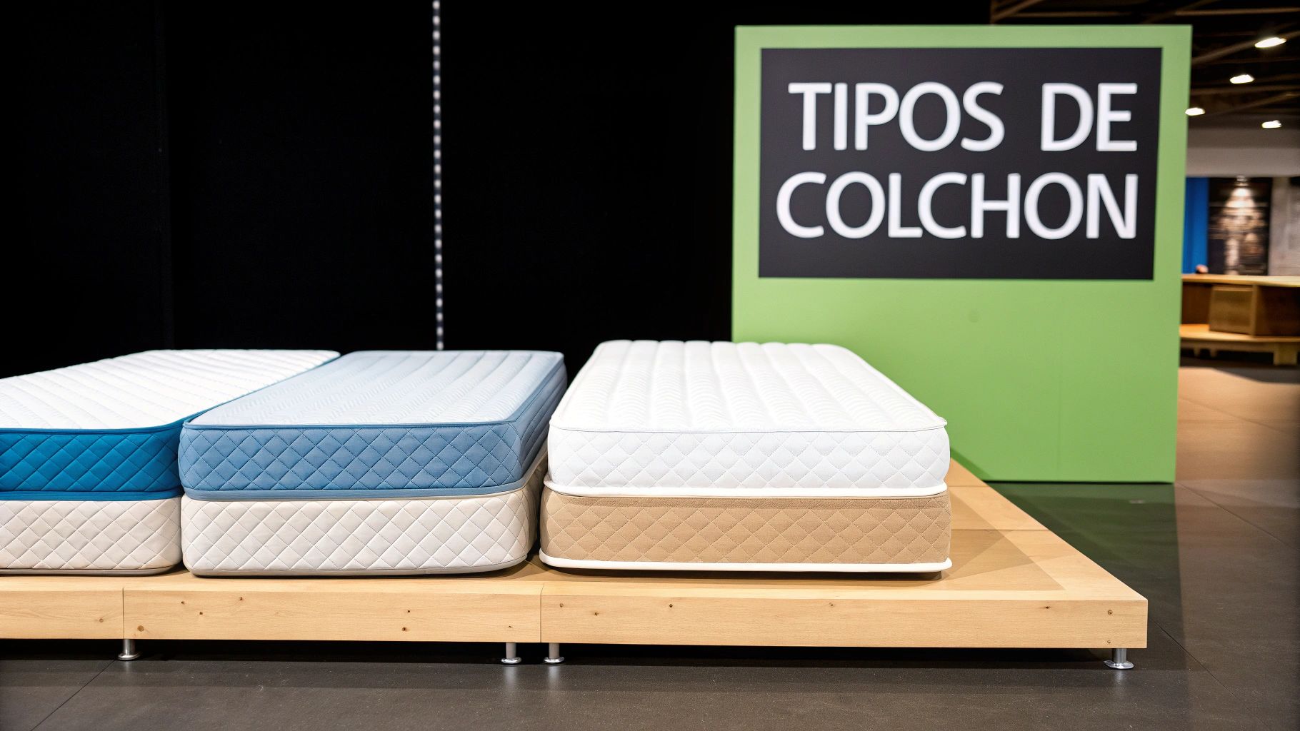 Tres tipos de colchones diferentes exhibidos en una plataforma de madera en una tienda de colchones.