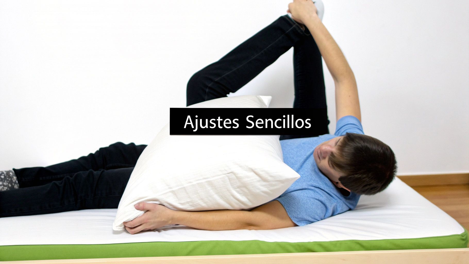 Joven en una cama estirando la pierna con una almohada, sobre el texto 'Ajustes Sencillos', mostrando una postura para dormir.