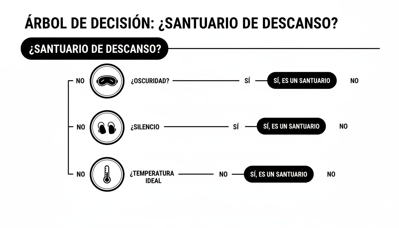 Árbol de decisión que evalúa un santuario de descanso basándose en oscuridad, silencio y temperatura ideal.