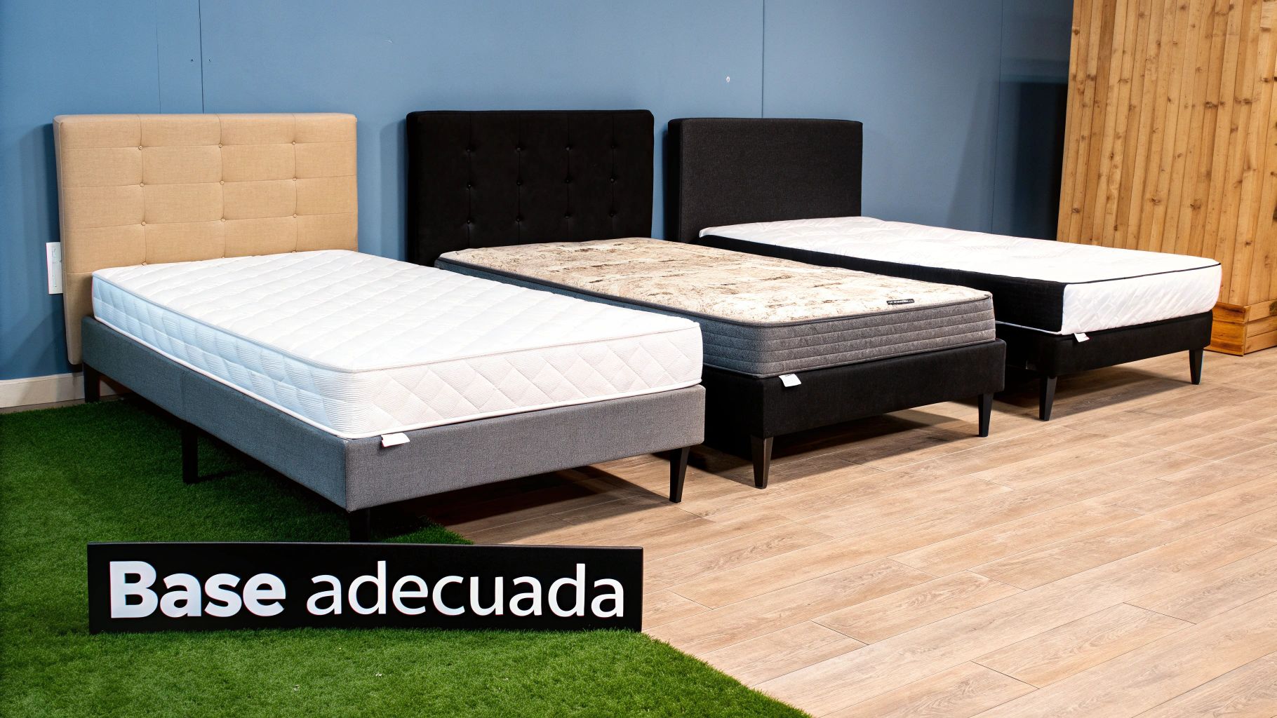 Variedad de bases de cama individuales con colchones y cabeceros, incluyendo un cartel "Base adecuada" sobre césped artificial.